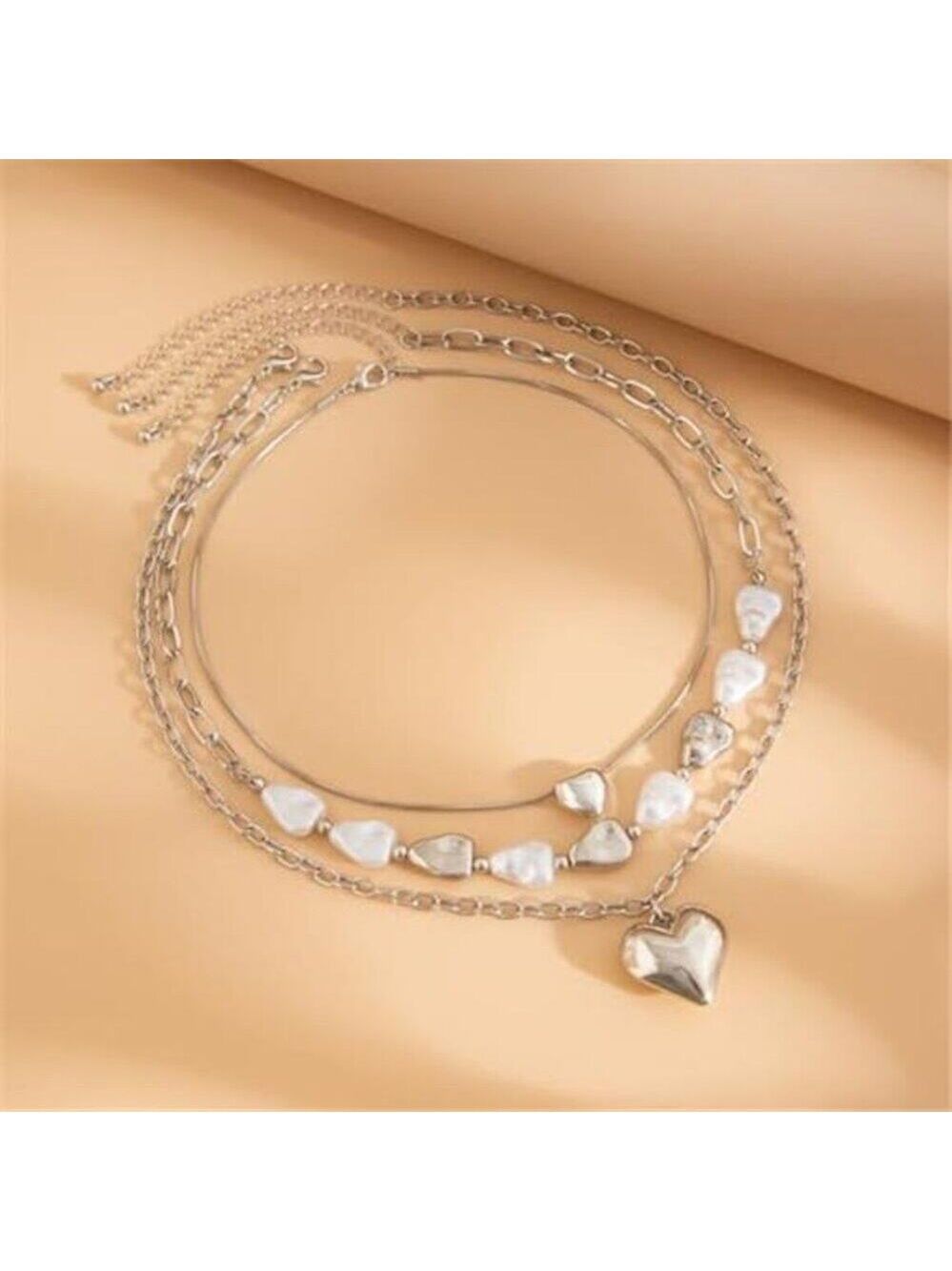 Chunky Necklace for Women Silver Tone Statement Necklaces Big Heart Pendant OT